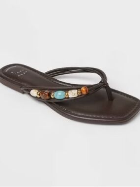 Brown square toe beaded sandals